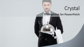  Presentation with waiter - Slide deck consisting of servant - attractive young waiter in tuxedo background and a light gray colored foreground