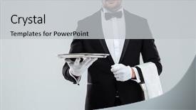  Presentation with servant - Beautiful PPT theme featuring servant - closeup of young waiter backdrop and a light gray colored foreground
