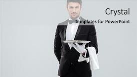  Presentation with waiter - Amazing slides having servant - handsome yong waiter in tuxedo backdrop and a light gray colored foreground