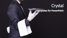  Presentation with servant - Colorful presentation design enhanced with servant - waiter holding an empty silver backdrop and a dark gray colored foreground