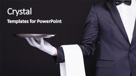  Presentation with waiter - Audience pleasing slide set consisting of servant - waiter holding an empty silver backdrop and a dark gray colored foreground