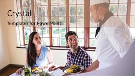  Presentation with chef - Audience pleasing slide set consisting of serve - male chef serving food backdrop and a coral colored foreground