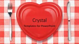  Presentation with brushed metal plate reflected - Slide set with serve heart - knife red plate and fork background and a red colored foreground