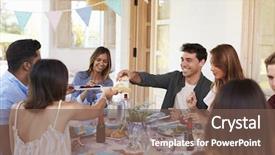  Presentation with dinner invitation to employees - Slide deck with serve others - friends serving each other background and a violet colored foreground