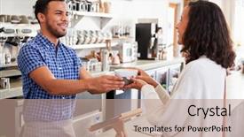  Presentation with coffee cup - Presentation theme enhanced with serve others - male barista passing cup background and a coral colored foreground