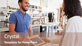  Presentation with coffee shop - PPT theme with serve others - male barista smiles background and a coral colored foreground