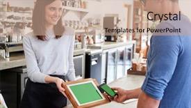  Presentation with steel making shop - PPT theme with serve others - male customer makes payment background and a coral colored foreground