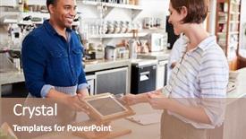  Presentation with coffee shop - Presentation design consisting of serve others - woman making contactless card payment background and a coral colored foreground