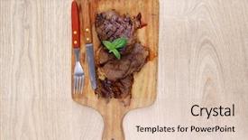  Presentation with cutlery - Colorful PPT layouts enhanced with served beef meat barbecue on wooden plate with cutlery backdrop and a lemonade colored foreground