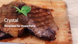  Presentation with cutlery - Theme with served beef meat barbecue on wooden plate with cutlery background and a tawny brown colored foreground