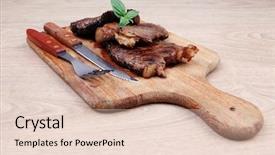  Presentation with cutlery - Amazing PPT theme having served beef meat barbecue on wooden plate with cutlery backdrop and a lemonade colored foreground