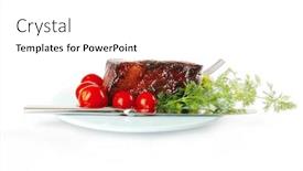  Presentation with meat beef - Theme featuring served beef meat chunk and tomatoes on blue background and a white colored foreground