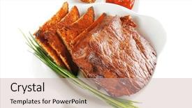 Presentation with meat beef - Colorful PPT theme enhanced with served beef meat fillet mignon with spices and toasted bread isolated on white background backdrop and a soft green colored foreground