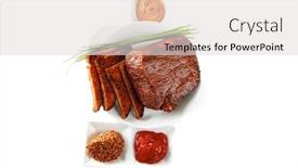  Presentation with meat beef - Colorful presentation design enhanced with served beef meat fillet mignon with spices and toasted bread isolated on white background backdrop and a light gray colored foreground