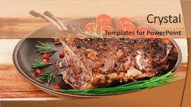  Presentation with ribs - Slide set consisting of served charbroiled ribs on plate with vegetables background and a coral colored foreground
