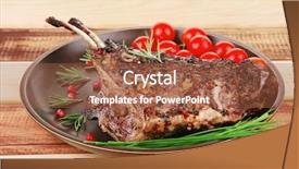  Presentation with ribs - Beautiful PPT theme featuring served charbroiled ribs on plate with vegetables backdrop and a red colored foreground
