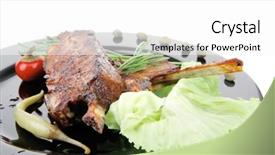  Presentation with ribs - Beautiful theme featuring served entree ribs on plate with hot peppers and capers backdrop and a white colored foreground