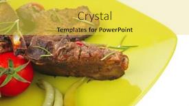  Presentation with green plate - Theme consisting of served entree ribs on plate with hot peppers and capers on green background and a yellow colored foreground