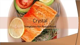  Presentation with salmon fish - Theme with served fish roast salmon fish over glass plate isolated over white background background and a gold colored foreground