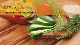  Presentation with fresh cut fruits vegetables - PPT layouts consisting of served for salad on wood background and a  colored foreground