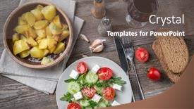  Presentation with wine cheese - Presentation theme enhanced with served greek salad with feta cheese glass of wine and baked potatoes in bowl topview background and a gray colored foreground