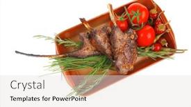  Presentation with main course - Cool new PPT layouts with served main course boned roasted ribs served with raw cherry tomatoes and fresh vegetables backdrop and a light gray colored foreground
