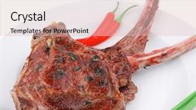  Presentation with main course - Colorful PPT theme enhanced with served main course boned roasted lamb ribs served with green chives and red chili peppers on white dish isolated over white background backdrop and a lemonade colored foreground