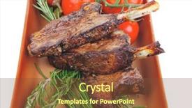  Presentation with main course - Slides having served main course boned roasted ribs served with raw cherry tomatoes and fresh vegetables background and a tawny brown colored foreground