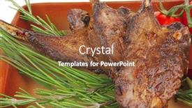  Presentation with main course - Beautiful PPT layouts featuring served main course boned roasted ribs served with raw cherry tomatoes and fresh vegetables backdrop and a tawny brown colored foreground