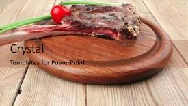 Presentation with main course - Cool new PPT theme with served main course boned roasted lamb ribs served with green chives and cherry tomato on wooden plate backdrop and a red colored foreground