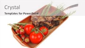  Presentation with main course - Theme consisting of served main course boned roasted ribs served with raw cherry tomatoes and fresh vegetables background and a sky blue colored foreground