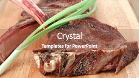  Presentation with main course - Theme consisting of served main course boned roasted lamb ribs served with green chives on wooden board background and a tawny brown colored foreground