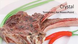  Presentation with main course - Presentation theme enhanced with served main course grilled pork ribs served with green chives and raw red chili peppers on white dish isolated over white background background and a lemonade colored foreground