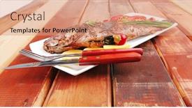 Presentation with main course - Audience pleasing slide deck consisting of served main course on wood whole fried seabass on plate with lemons tomatoes and peppers backdrop and a red colored foreground
