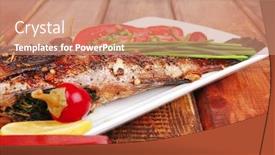  Presentation with main course - Presentation design enhanced with served main course on wood whole fried seabass on plate with lemons tomatoes and peppers background and a coral colored foreground