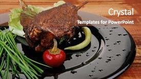  Presentation with ribs - Beautiful slide deck featuring served meat spiced barbecued ribs on black plate with vegetables backdrop and a red colored foreground