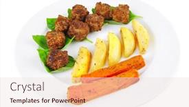  Presentation with served - Presentation theme featuring served meatballs on basil leaf with gold potatoes background and a lemonade colored foreground