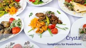  Presentation with meals - Colorful slides enhanced with served on a party table backdrop and a sky blue colored foreground