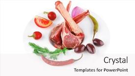  Presentation with veal - Beautiful slides featuring served raw fresh veal ribs with vegetables backdrop and a sky blue colored foreground