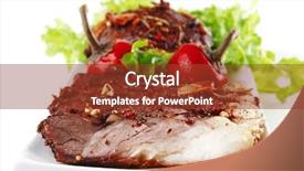  Presentation with roast beef - Theme consisting of served roast beef steak on white plate with salad background and a tawny brown colored foreground