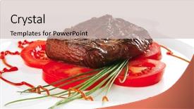  Presentation with meat beef - Audience pleasing theme consisting of served roasted beef meat with tomato on white dish backdrop and a soft green colored foreground