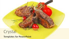  Presentation with green plate - PPT layouts having served savory plate meat ribs with chives and red hot peppers on green background and a yellow colored foreground