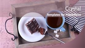  Presentation with cup cake - PPT theme with served table with a cup of tea and chocolate cake on wooden background close-up background and a gray colored foreground