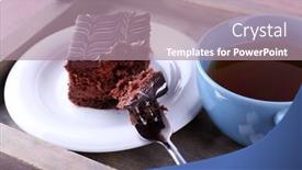  Presentation with cup cake - Amazing presentation theme having served table with a cup of tea and chocolate cake on wooden background close-up backdrop and a coral colored foreground