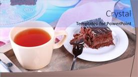  Presentation with cup cake - PPT layouts with served table with a cup of tea and chocolate cake on wooden background close-up background and a light blue colored foreground
