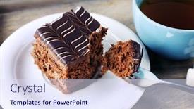  Presentation with tea cake - Slide deck featuring served table with a cup of tea and chocolate cake on wooden background close-up background and a sky blue colored foreground