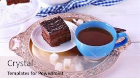 Presentation with cup cake - PPT theme having served table with chocolate cake and a cup of tea on white wooden background background and a lemonade colored foreground