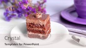  Presentation with cup cake - Slide set with served table with chocolate cake and a cup of tea on white wooden background background and a soft green colored foreground