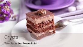  Presentation with tea cake - Slides with served table with chocolate cake and a cup of tea on white wooden background background and a mint green colored foreground