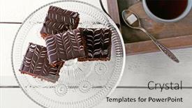  Presentation with chocolate cup cakes - Presentation design featuring served table with chocolate cakes and a cup of tea on white wooden background background and a light gray colored foreground